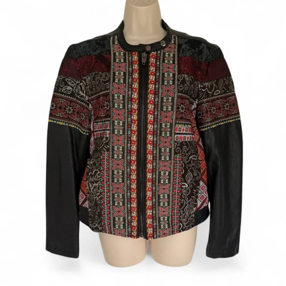 Chelsea & Violet Embroidered Jacquard Faux Leather Jacket Womens L Multicolor - Picture 2 of 7
